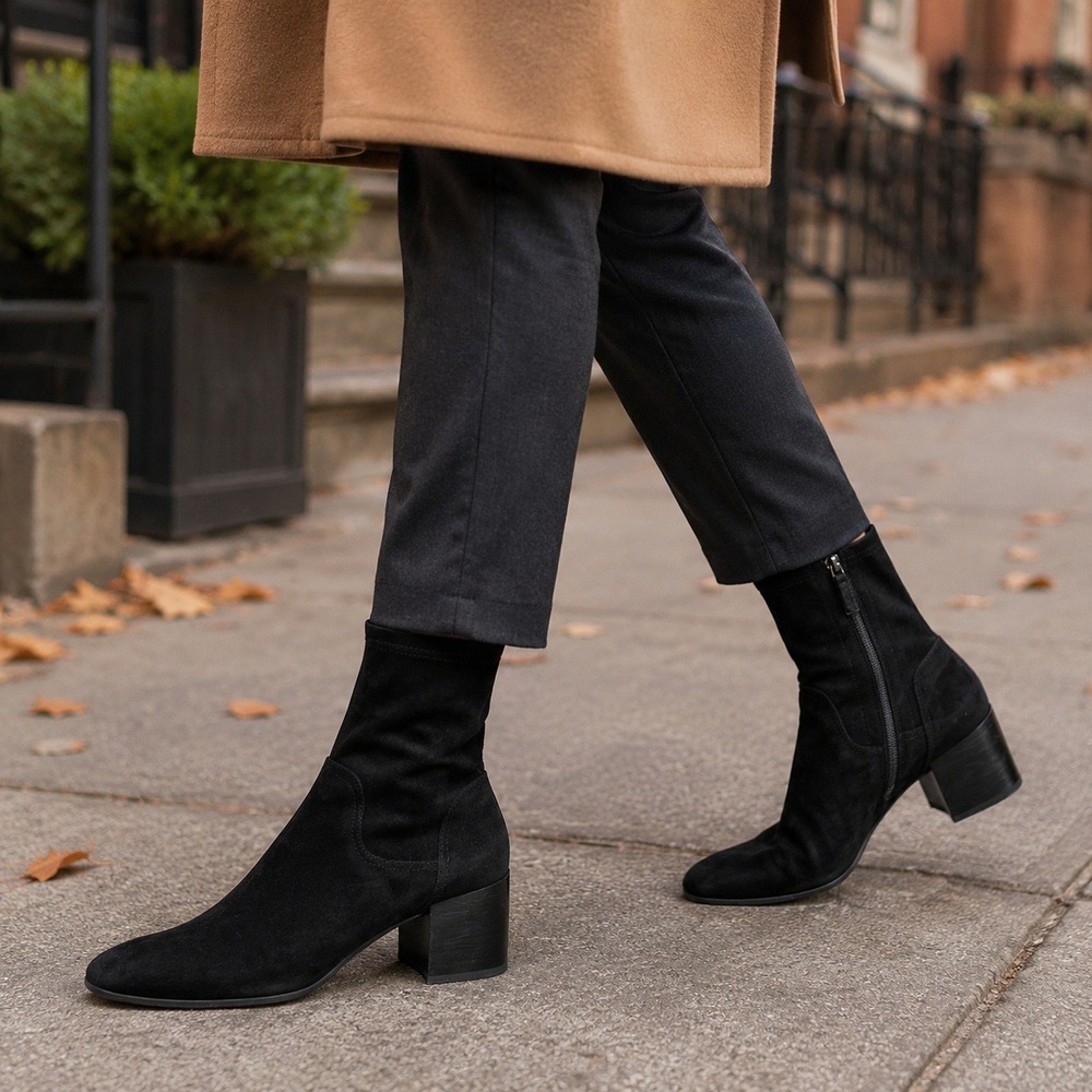Aquatalia Carie Womens 6 Black Stretch Suede Weatherproof Ankle Boots Block Heel